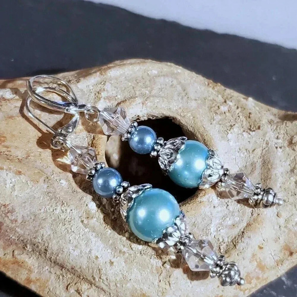 PinkDiva Jewelry - Light Blue Glass Pearl Sterling Silver Plated Handcrafted Dangle Earrings